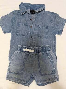Little Bipsy Denim style Button-Down Shirt and Shorts Set